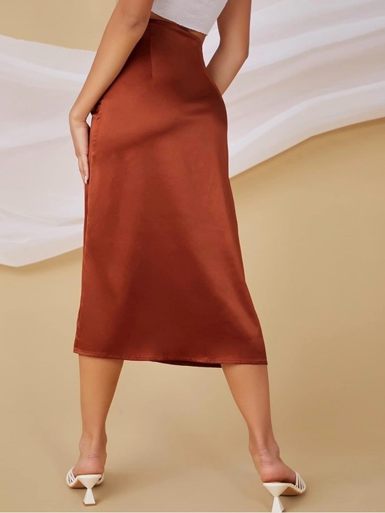 Ruched Side-Slit High Waist Satin Midi Skirt - Rust | Size Medium - Picture 3 of 4